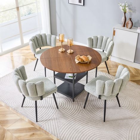 Set tavolo da pranzo rotondo 107 cm effetto noce con 4 sedie bouclé beige (1/5)