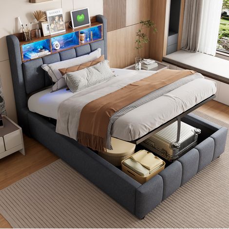 Letto contenitore 90 x 200 cm con materasso, LED multicolore, USB e Type-C, grigio HAVRYA (1/5)