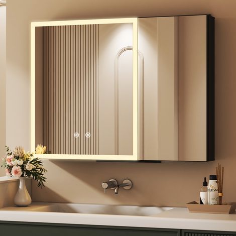LED Spiegelschrank Bad mit Beleuchtung 80 x 60 cm, Schwarz Spiegelschrank Bad-Hängeschränke Badezimmer Spiegelschrank mit Touch-Schalter, 3 Einstellbare Lichtfarben, Beschlagfrei (1/5)