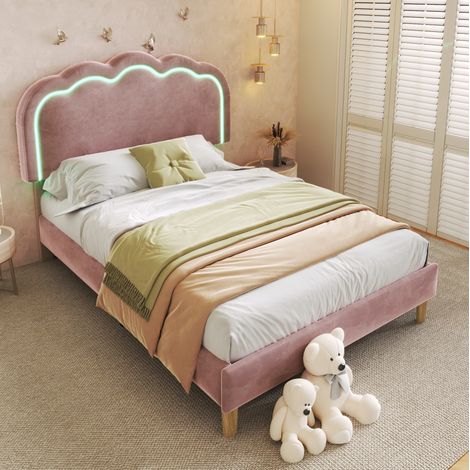 Lit LED 90x200 cm tête de lit réglable velours rose HAVRYA (1/5)