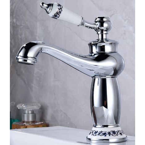 Robinet en céramique à poignée unique, col long, motif floral rétro, avec entrées d'eau chaude et froide, chromé. (1/5)
