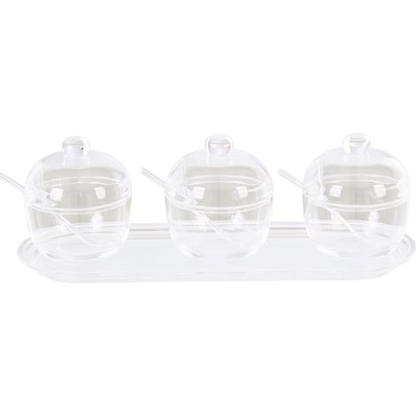 Premier Housewares Sugar Pot Vintage Sauce Dish Transparent Condiment Pots With Spoon And Tray Durable Containers Set Of 3 w33 x d10 x h13cm (1/3)