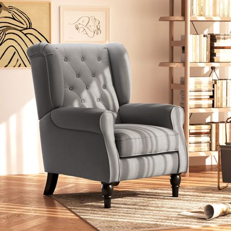 Fauteuil relax en polyester gris foncé 74 x 86 x 102 cm avec capitonnage et pieds en bois (1/5)