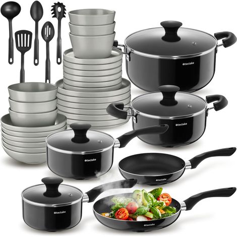 Set de cuisine pour 6 personnes vaisselle et casseroles 39 pieces gris