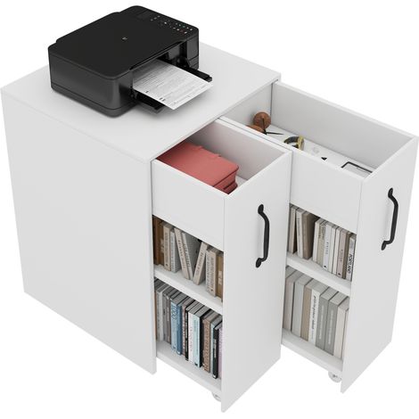 CHICFURN Petit meuble bibliothèque à roulettes blanc 52 x 50 x 75 cm, étagères et tiroirs, configuration réversible gauche/droite, pour salon, bureau ou chambre (1/5)