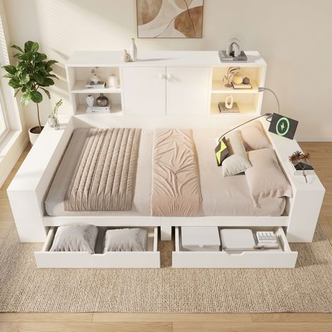 Pour matelas 140x200, lit avec rangement pour chambre ado ou adulte, blanc, tiroirs et ports USB-C (1/5)