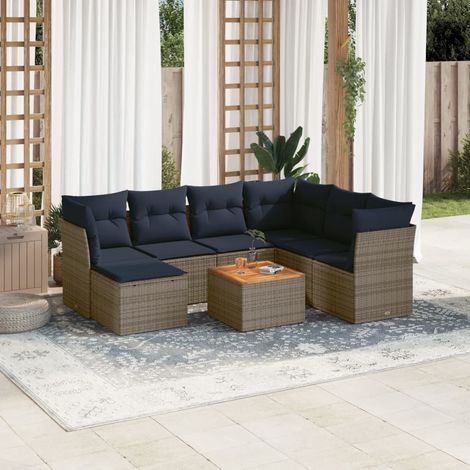 Salon de jardin modulable 8 pièces en rotin PE gris, coussins bleu marine et rangement - PANGIVO (1/5)