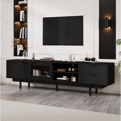 TV-Lowboard 200x40x50.5 cm Schwarz aus Spanplatte und Hartglas mit 2 Türen, 2 Schubladen und Ablagen (1/5)