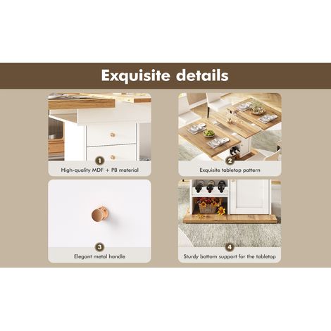 Table à manger extensible blanche en MDF et métal, avec tiroir et rangements pour snacks et bouteilles, pour cuisine et salon (1/5)
