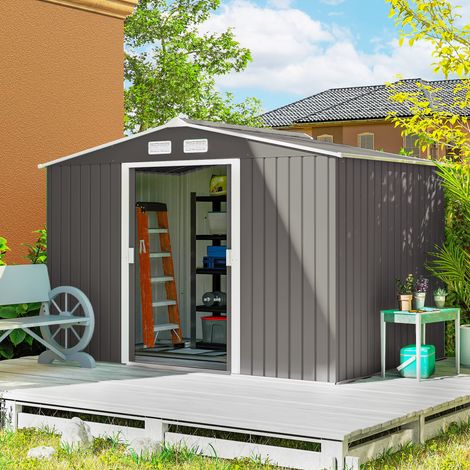 Abri de jardin 5.4 m² 2.77 x 1.95 x 1.92 m kit de fondation porte coulissante ventilations acier galvanisé. gris