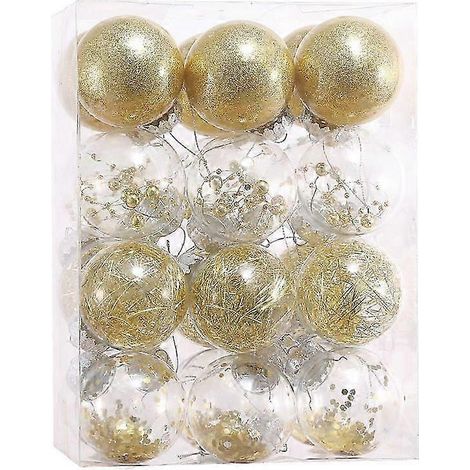 24 boules de Noël décoratives : boules dorées incassables de 6 cm - Décorations de sapin de Noël en plastique à suspendre pour les fêtes