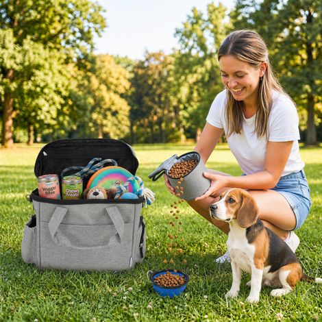 Cage de transport pour chien à plusieurs compartiments, 2 gamelles incluses, pliable, bol en silicone, 38 x 17 x 35 cm, gris clair