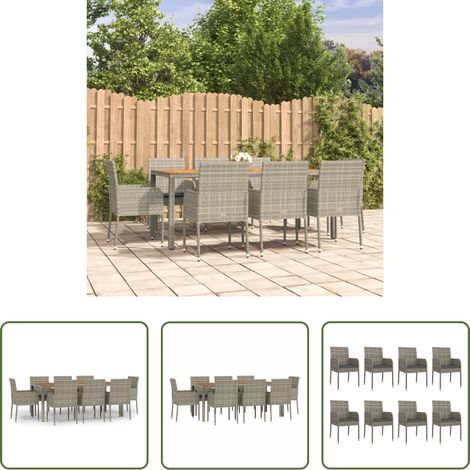 Gartenessgruppe - 9-tlg. Garten-Essgruppe mit Kissen Grau Poly Rattan (1/5)