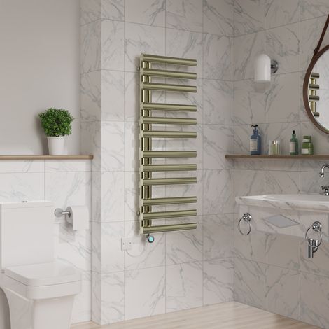 1200x450mm Thermostatic Electric Towel Rail Oval Brushed Brass (1/5)