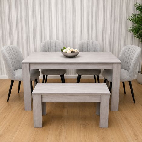 Kosy Koala 6 Seater Arrow Wood Effect Dining Table Set with 4 Grey Fabric Chairs & Bench (1/5)