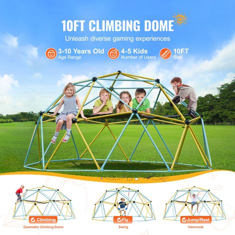 Dôme d'escalade géométrique 10FT avec hamac et balançoire, gym enfant 3-10 ans, structure acier galva, prise confort, extérieur jardin, montage rapide, 340kg (1/5)
