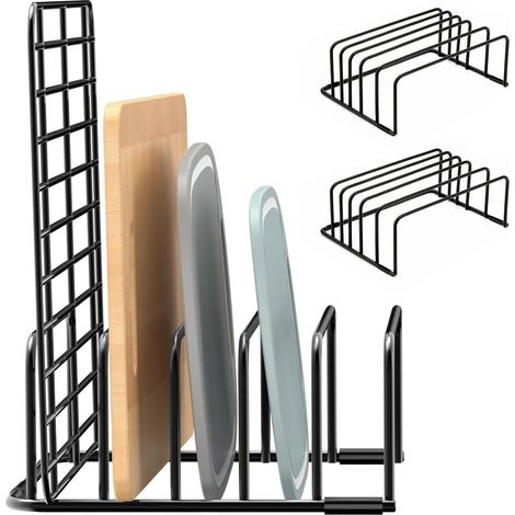 2 Pièces Rangement Couvercle Casserole 5 Emplacements Range Assiette Antidérapant Rangement Poele 18×14×8CM Range Couvercle Casserole Noir Casiers et Supports de Cuisine pour Planches Découper (1/5)