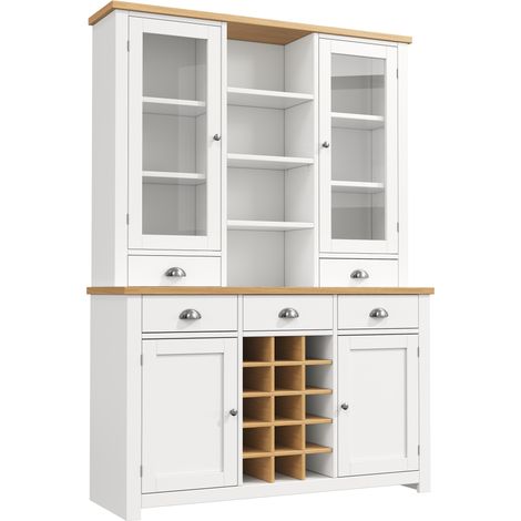 Haut de rangement multifonction avec porte en verre, protection anti-basculement, poignées métal et vinothèque amovible, blanc (1/5)