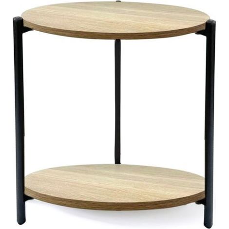 Table d'appoint - JUANIO - Ronde 2 niveaux - Effet bois naturel - Structure métal noire - Ø40 x H42 cm (1/4)