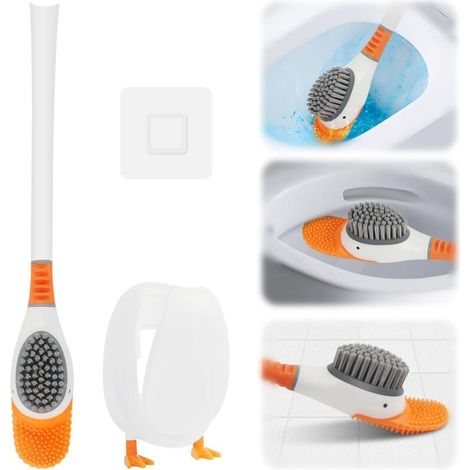 Scopino per WC in silicone creativo, spazzola per WC a forma di anatra con supporto, scopino per WC in silicone flessibile e piatto, set scopino e supporto per WC per casa, hotel e scuola (1/4)