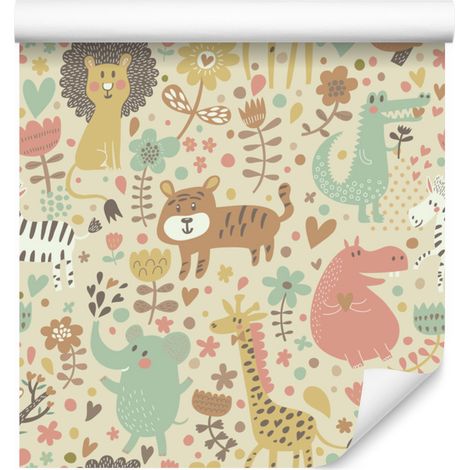 Papel pintado safari con elefantes, leones, cebras y plantas para salón y dormitorio, 50x1000 cm. (1/5)