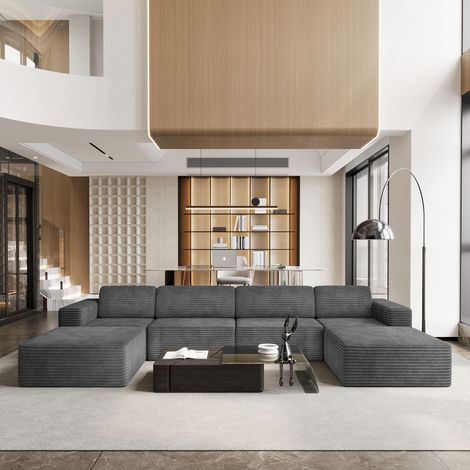 Modulares 4-Sitzer-Sofa in U-Form, Cordbezug, 2 Hocker, keine Montage erforderlich, für Wohnzimmer, 404 x 202 x 82 cm, Grau