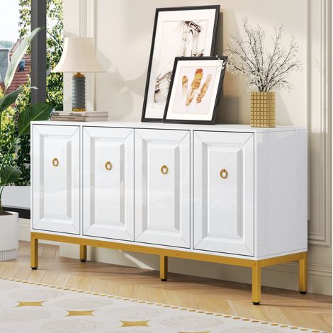 Aparador de MDF y aglomerado blanco brillo 140x40x80 cm con baldas regulables y tiradores de aro dorados (1/5)