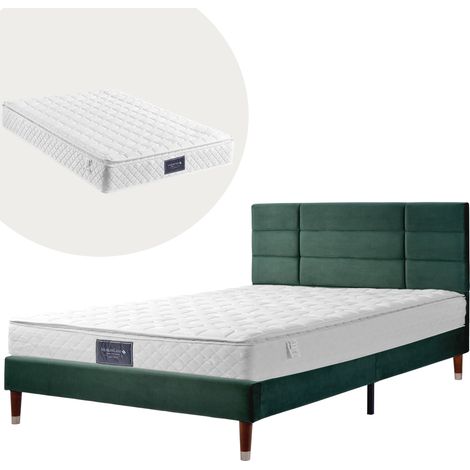 Cama tapizada de 140x200 cm con estructura de cama tapizada con cabecero de madera maciza, tapizada en lino verde, adecuada para adultos y adolescentes (con colchón sommier). (1/5)