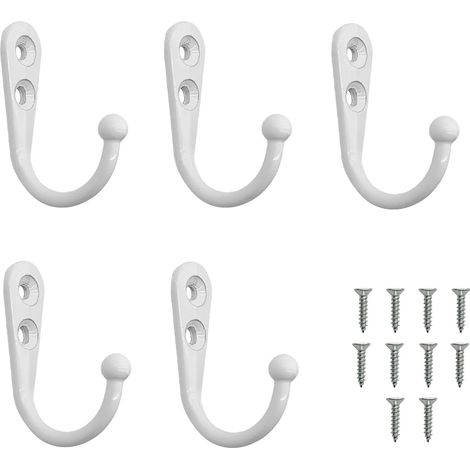 Lot de 5 crochets muraux à une seule tige avec 10 vis, crochets métalliques pour peignoirs, cuisine et salle de bain (blanc) (1/5)