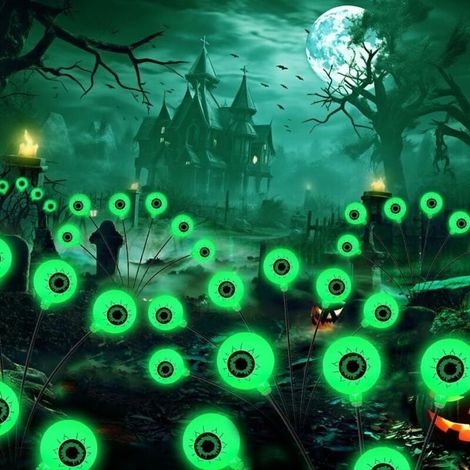 2 Pièces Deco Halloween Exterieur Solaire, 6 LED Vertes Lumières Solaires d'halloween Globe Oculaire, Étanche IP65, Decoration Halloween Exterieur pour Cour/Jardin/Pelouse/Décor de Fête [Energy Class (1/4)