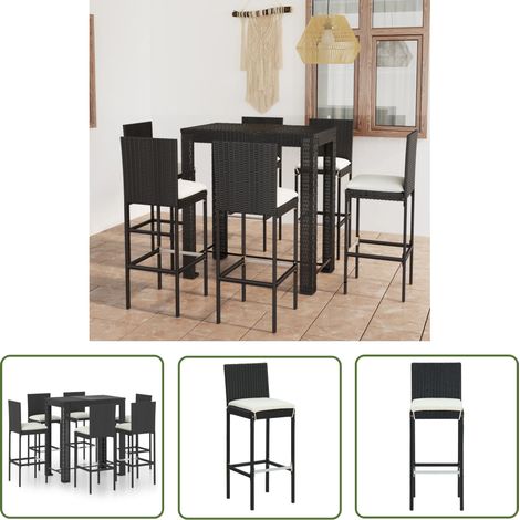 Bar de jardin en acier - vidaXL Ensemble de bar d'extérieur 7 pcs coussins Résine tressée Noir - Bar de jardin avec coussin (1/5)