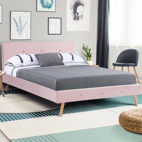 Cama doble escandinava OSLO 140 x 190 CM tejido efecto terciopelo rosa claro