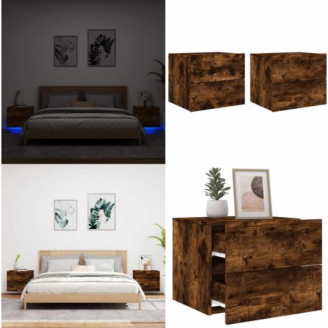 Wand-Nachttische mit LED-Leuchten 2 Stk. Räuchereiche - Wand-Nachttisch - Holzwerkstoff Möbel - LED Beleuchtung - Wohnzimmer Deko - Nachttisch Mit Schubladen - Home & Living