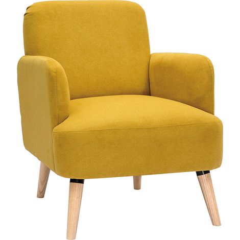Miliboo – Fauteuil relax scandinave en tissu velours jaune moutarde – Piètement hévéa massif – Assise large et moelleuse – Dossier démontable