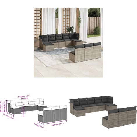 10-tlg. Garten-Sofagarnitur mit Kissen Grau Poly Rattan - Gartenmöbel - Outdoor Möbel - Rattan Sofa - Lounge Set - Esstischgarnitur - Home & Living (1/3)
