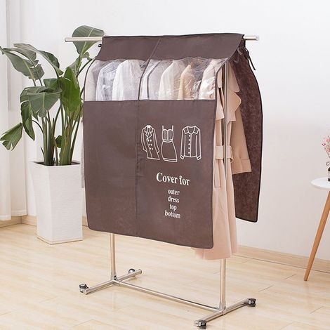 Housse anti-poussière pour vêtements, non-tissé, prévention, étanche, transparente, conception de fenêtre, protection pour vêtements suspendus, café. (1/5)