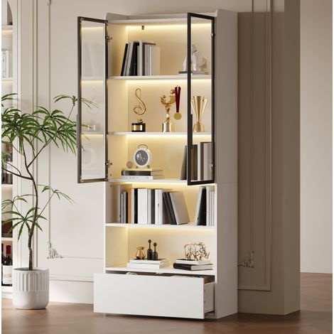 Vitrina alta 80x34x180 cm blanca en MDF y vidrio con cajón, LED y 6 niveles (1/5)