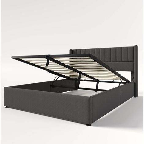 Letto contenitore imbottito idraulico 140x200 cm in lino grigio MODENUIT (1/5)