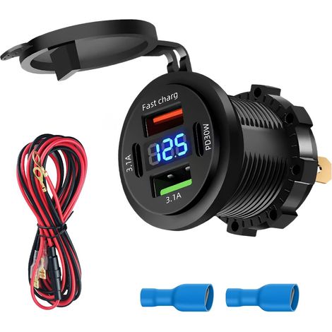 12V USB Prise de Chargeur Voiture, Etanche pour Moto Camping-Car Bateau 4 Ports Double Type C PD 3.1A 30W et Double Rapide Charge USB A, avec LED Voltmètre (1/5)