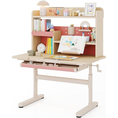 COSTWAY Scrivania per Bambini 3+ Anni, Tavolo da Studio Regolabile in Altezza con Libreria e Cassetto, Piano Inclinabile, Mensole, Leggio e Portapenne, Scrivania per Studiare (Rosa) (1/5)