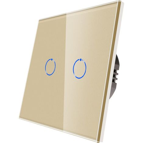 Interrupteur tactile, double interrupteur doré, panneau en verre trempé avec rétroéclairage LED, pas de fil neutre nécessaire, 2 interrupteurs 1 voie, AC 240 V 500 W/gang (1/5)