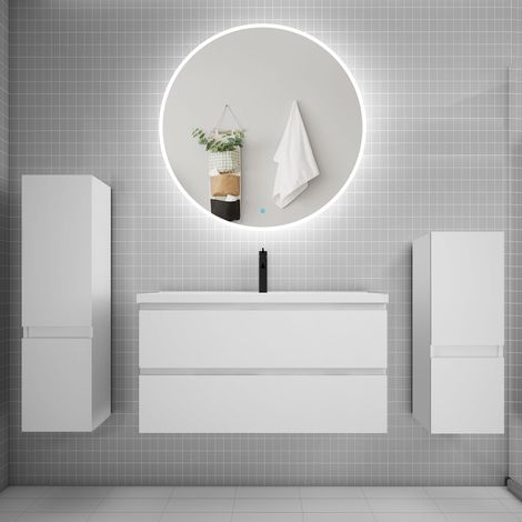 Ensemble meuble vasque L.99cm 2 tiroirs + lavabo + LED miroir rond 100cm + 2colonne,blanc (1/5)