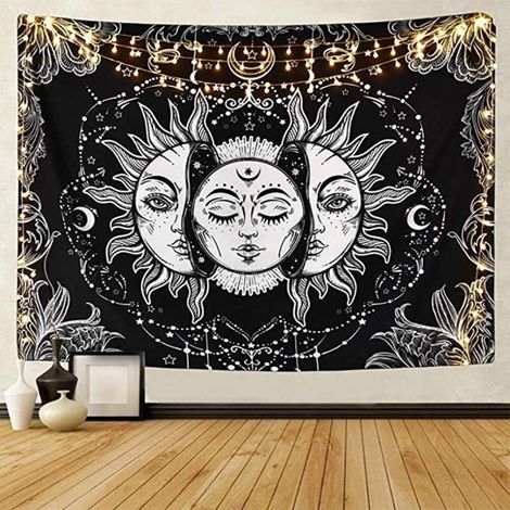 Tapisserie Tarot Soleil et Lune, Design Psychédélique Bohème, Idéale pour Intérieur Hippie, Mandala Indien (150x200cm) (1/4)