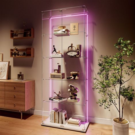 Vitrine à cinq niveaux en verre, double porte, Bande lumineuse LED télécommandée, verre trempé, 78x34x186 cm, meuble de salon multifonctionnel - blanc (1/5)
