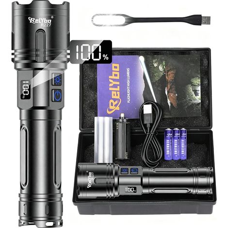Lampe Torche LED Ultra Puissante 1,000,000 Lumens - Portée de 1600M XHM90.2 Lampe Torches Rechargeable USB C, 2 Interrupteurs Variation Infinie IPX6 Flashlight Pour Camping et Urgences (1/5)
