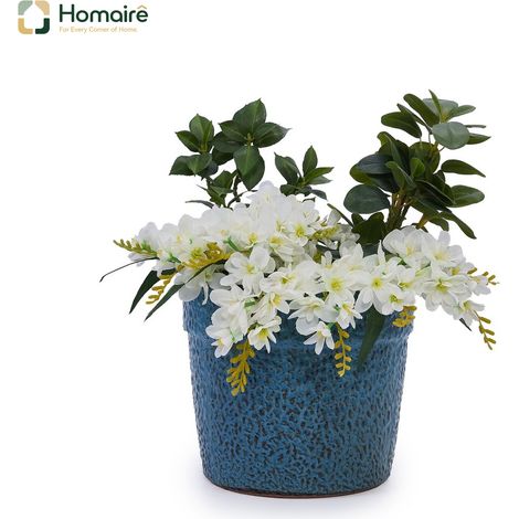HOMAIRE Set de trois pots en céramique artisanal pour plantes avec émail bleu marbré, idéal pour succulentes et plantes d'intérieur, adapté aux fenêtres et bibliothèques, en terre cuite respirante.