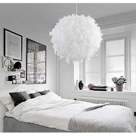 Moderne weiße Feder-Pendelleuchte, 30 cm – Lampenschirm für Wohn- und Schlafzimmer – E27-Fassung – Höhe 30 cm – Verstellbare Kabellänge 100 cm (1/4)