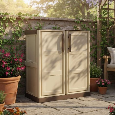 Dmora Mehrzweck Außen oder Innenschrank, niedriger Kleiderschrank mit 2 Türen und 1 Polypropylen Regal, 100% Made in Italy, 70x39h86 cm, beige Farbe (1/4)