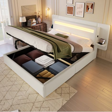 Lit coffre 140x200 cm beige en lin et MDF avec éclairage LED, chevet intégré et port USB (1/5)