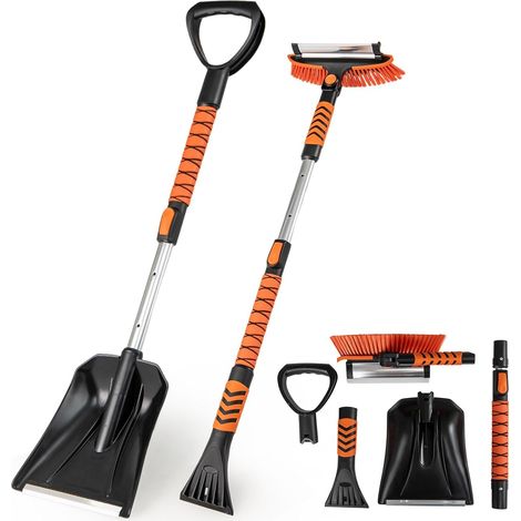 GOPLUS Brosse à Neige Extensible, Grattoir à Glace Détachable pour Pare-Brise de Voiture avec Tête Pivotante à 180°, Poignée en Mousse, Poteau en Aluminium, Kit de Déneigement pour Voitures (3 in 1) (1/5)